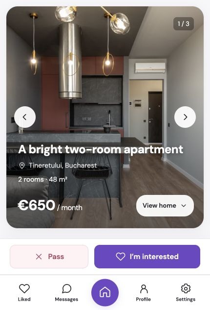 Current Peebly discovery screen showing a bright example apartment