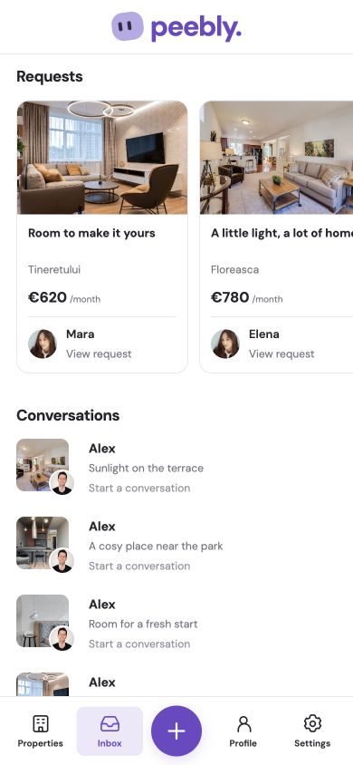 Peebly landlord Inbox screen with renter requests and property conversations