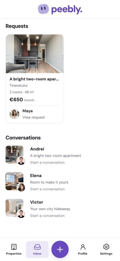Peebly landlord Inbox screen with renter requests and property conversations