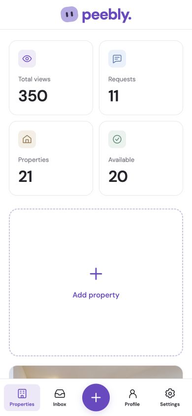 Peebly landlord Properties screen with property cards and listing overview