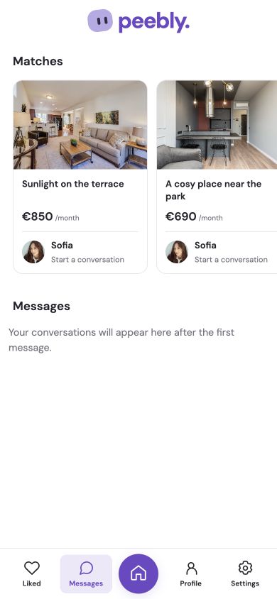 Peebly Matches screen pairing homes with owners and conversation actions
