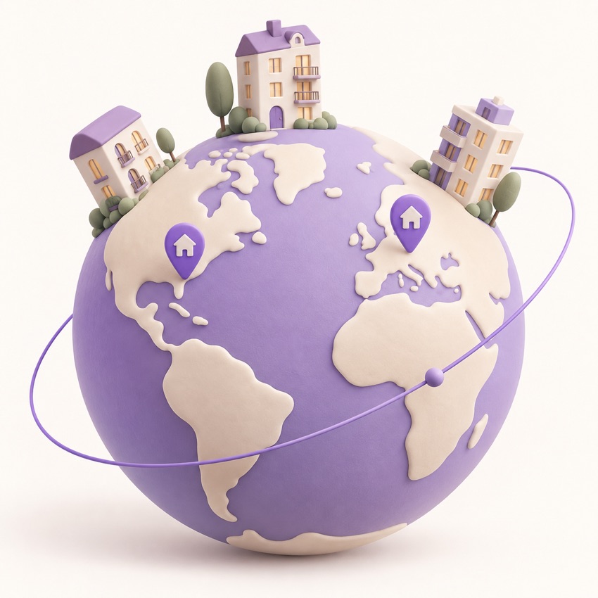 Custom lilac globe illustration with apartment buildings and home location pins
