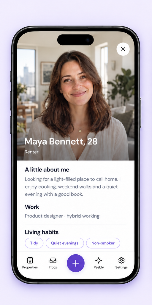 Renter profile as seen by a landlord, presented in a polished phone frame