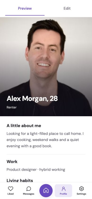 Peebly renter profile with About me, work, and living habits